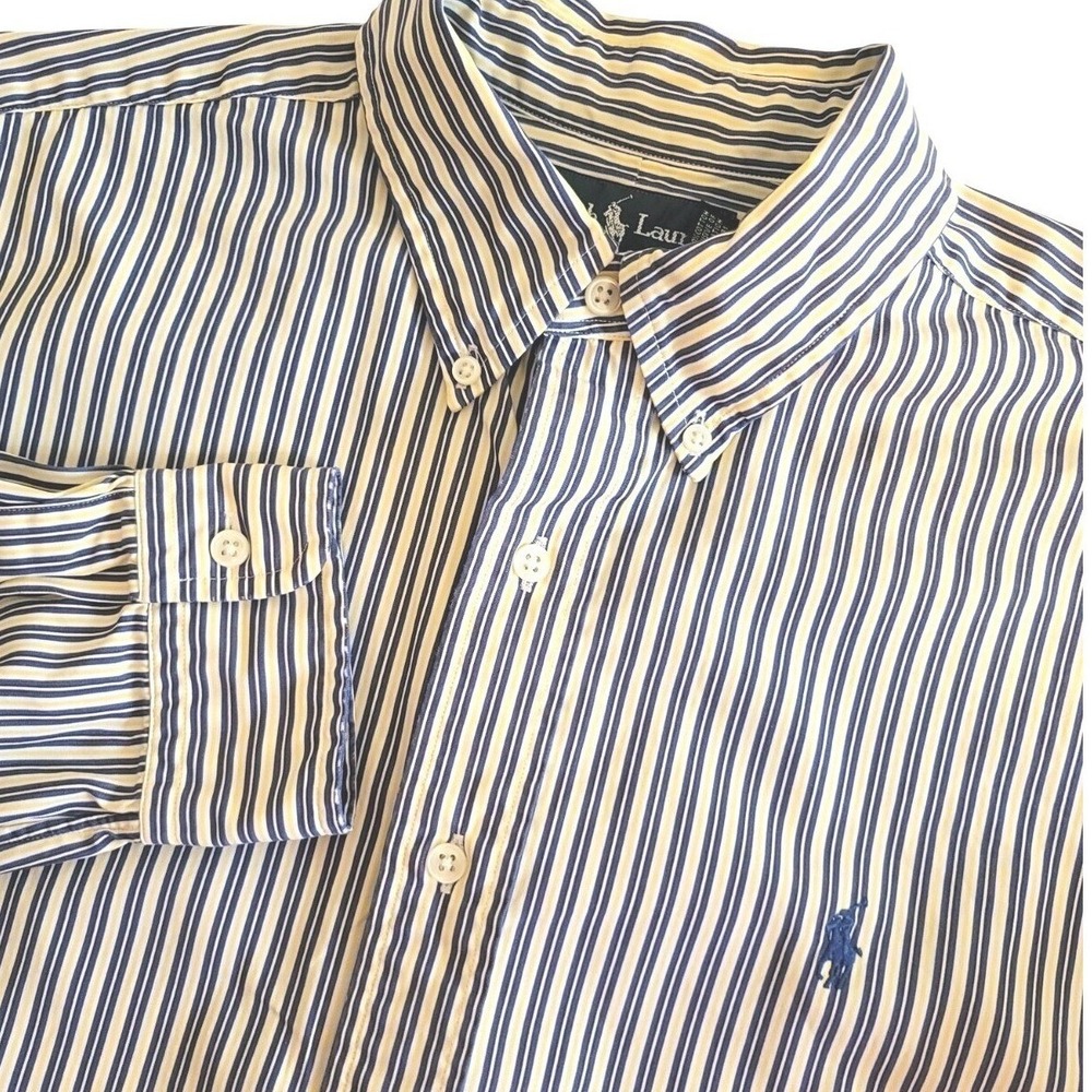 Polo Ralph Lauren Mens Classic Fit Striped Button Down Shirt Navy Yellow Large
